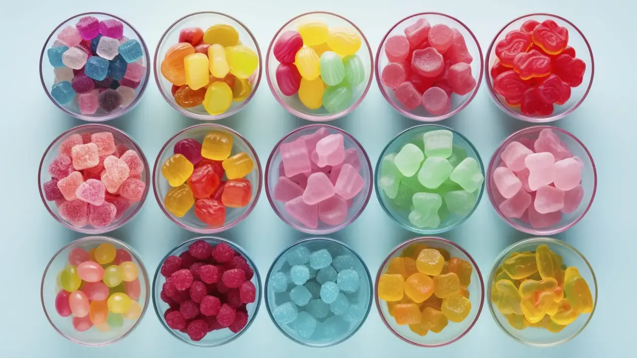 Cuencos llenos de gominolas caseras de colores vibrantes: azules, rosas, rojas, verdes, amarillas y naranjas.