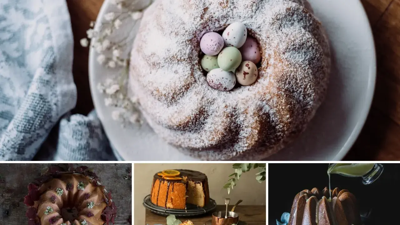 Collage de divertidos monas de pascua originales: bizcochos decorados con huevos de chocolate, frutas y glaseado.