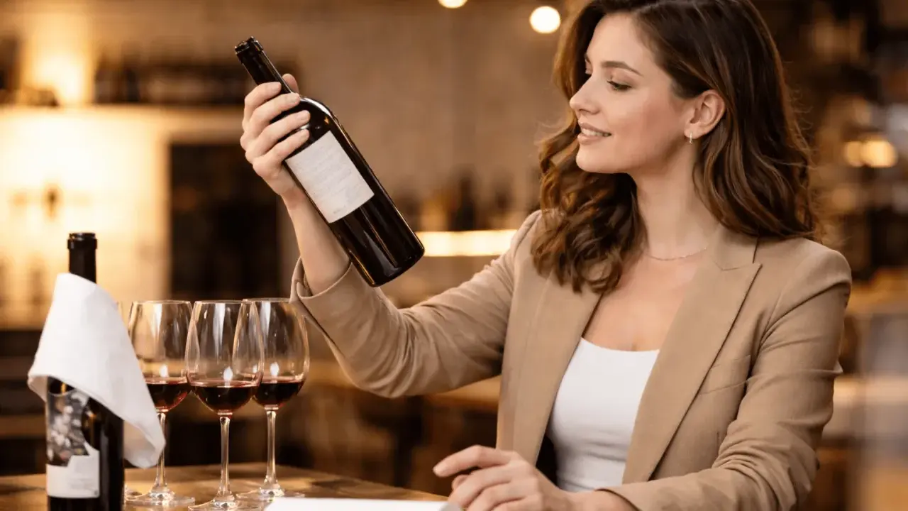Mujer sonriente examina una botella de vino, preguntándose de donde es el vino. Copas de vino tinto y otra botella en la mesa.