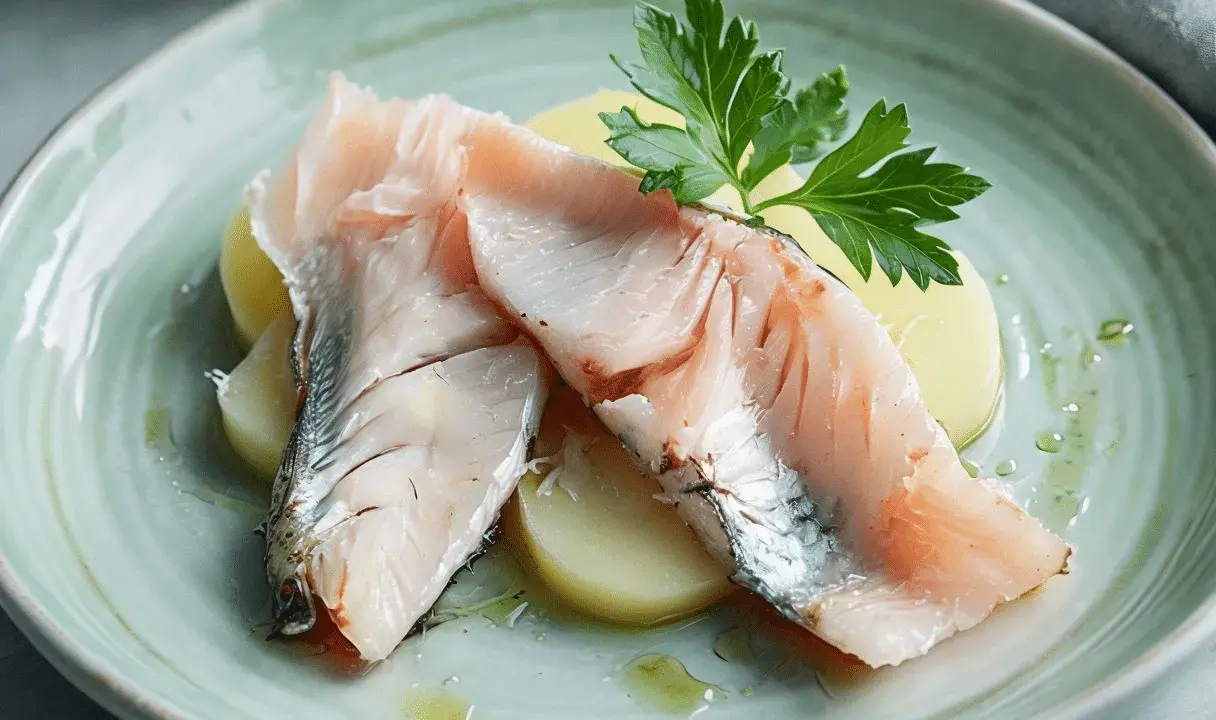 Lubina a la sal Thermomix: jugosos filetes de pescado sobre patatas, decorados con perejil fresco y un toque de aceite.