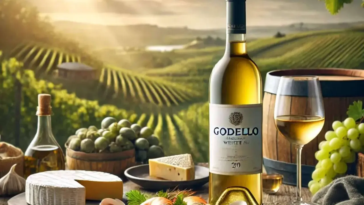 Vino Godello, de Galicia, acompañado de quesos, uvas y mariscos, con viñedos al fondo.
