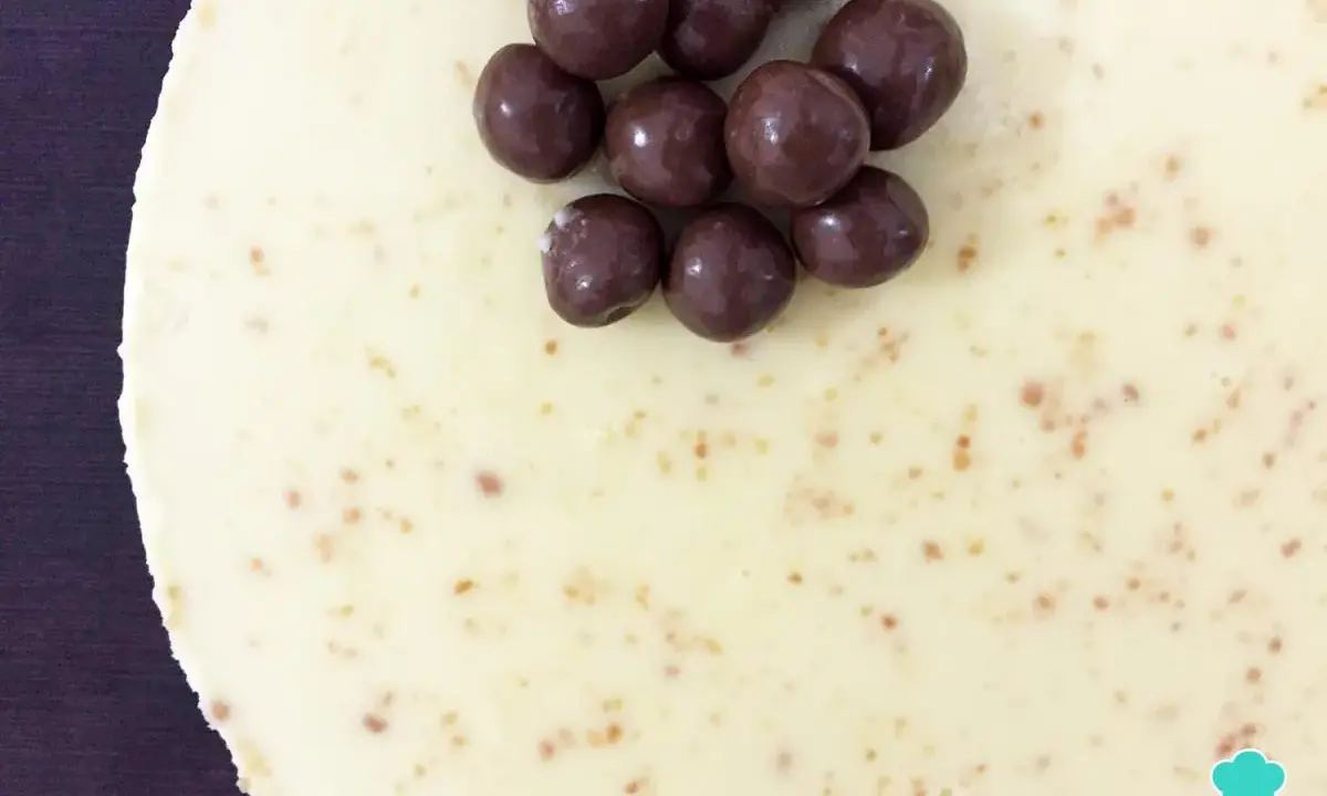 Deliciosa tarta de chocolate blanco con bolitas de chocolate oscuro.