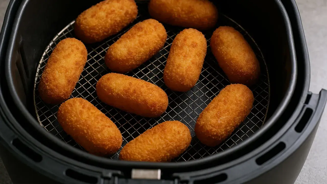 Croquetas doradas y crujientes listas en la freidora de aire.