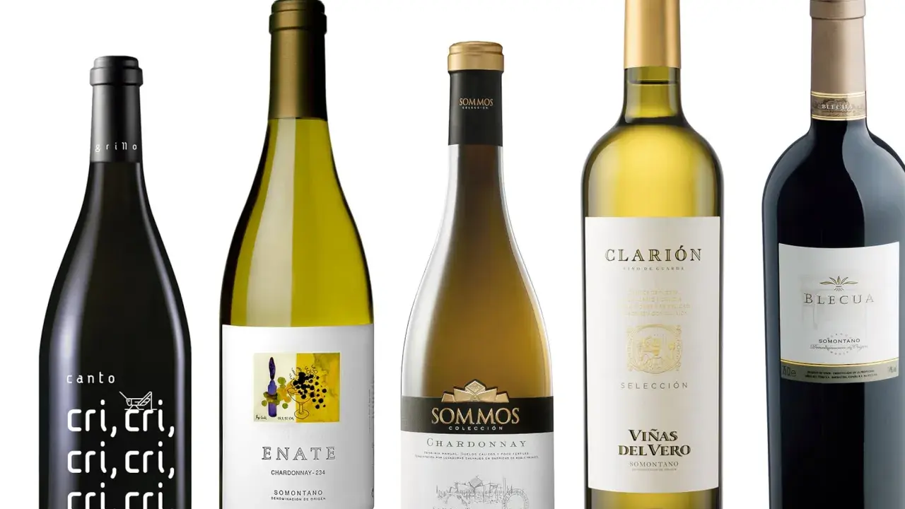 Cinco botellas de vino, incluyendo un vino barbastro, con etiquetas variadas.