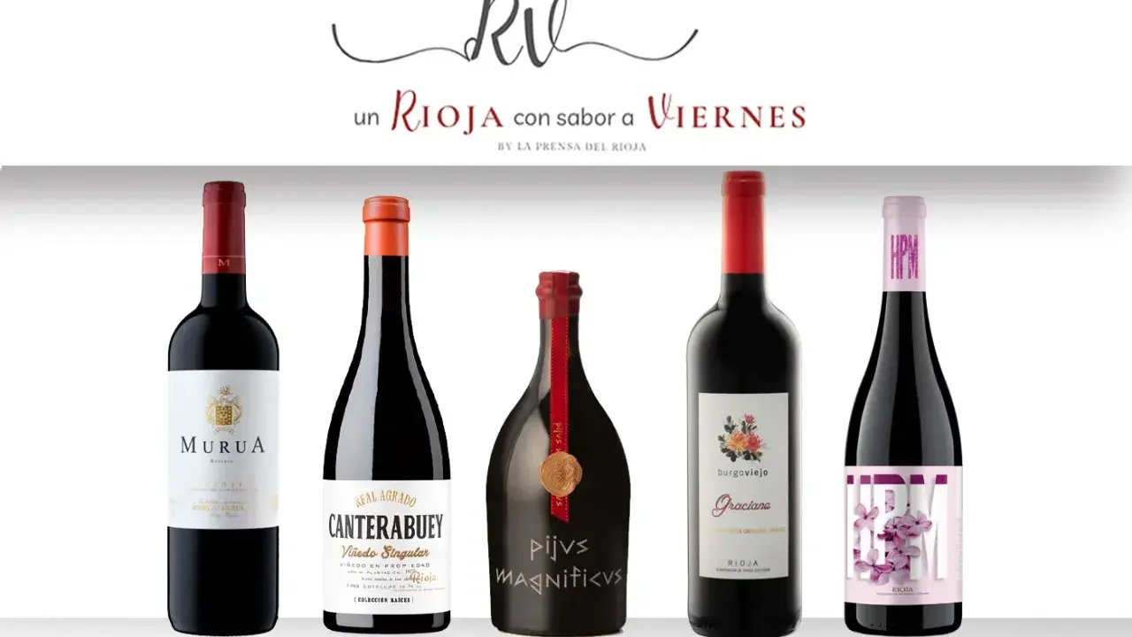 Cinco botellas de vino tinto, incluyendo Murua, Canterabuey y Graciano, que representan los mejores vinos de la Rioja Alavesa.