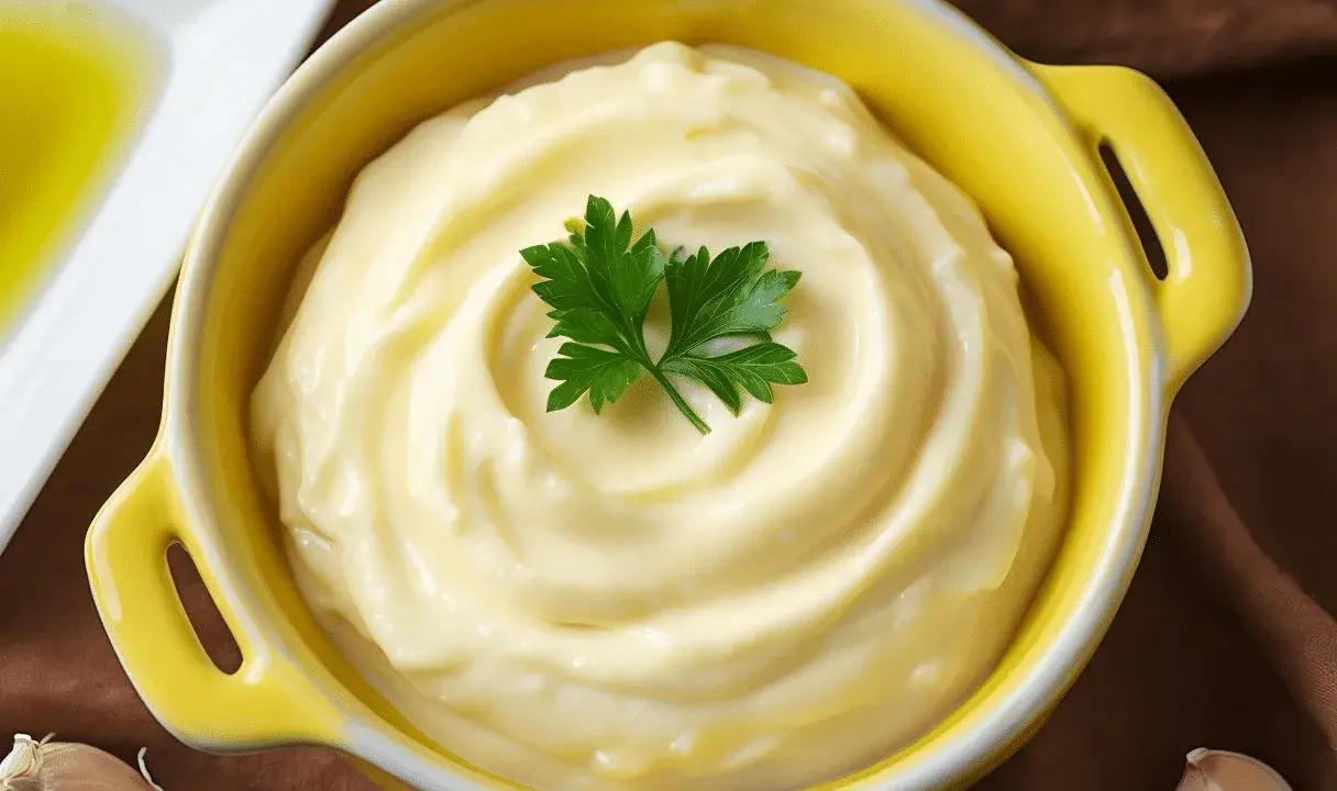 Alioli casero en un cuenco amarillo, decorado con perejil. ¿Cuánto dura el alioli casero en la nevera?