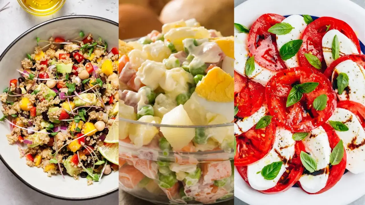 Tres ensaladas espectaculares: quinoa con aguacate, ensaladilla rusa y caprese. ¡Ideas para 10 ensaladas deliciosas!