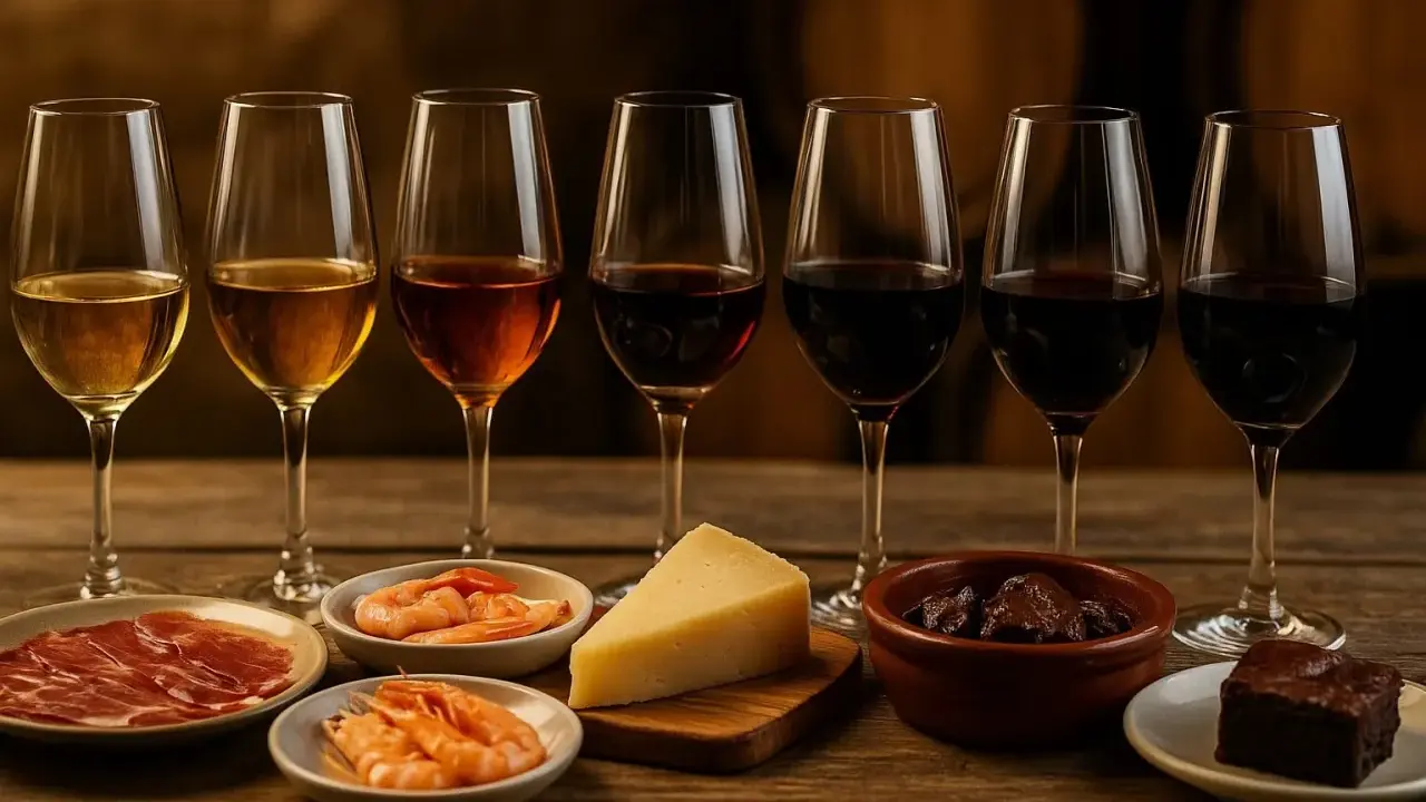 Degustación de un jerez con tapas: jamón, gambas, queso, aceitunas y brownie.