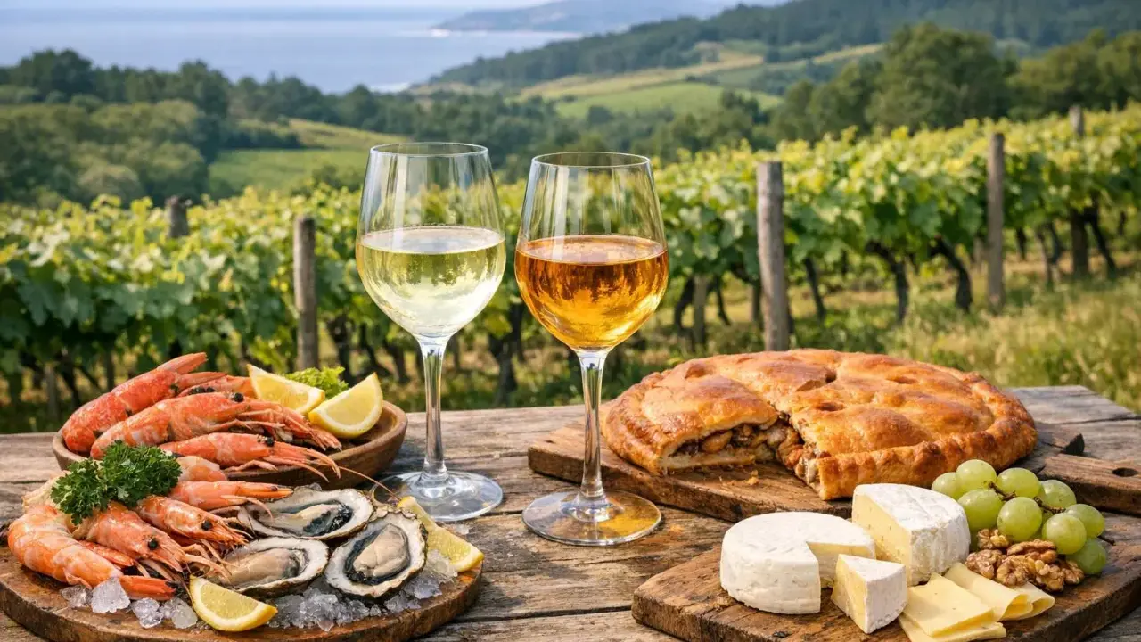 Dos copas de vino blanco, una con un tono más dorado, acompañan mariscos, empanada y quesos en un viñedo. ¿El albariño es dulce o seco?