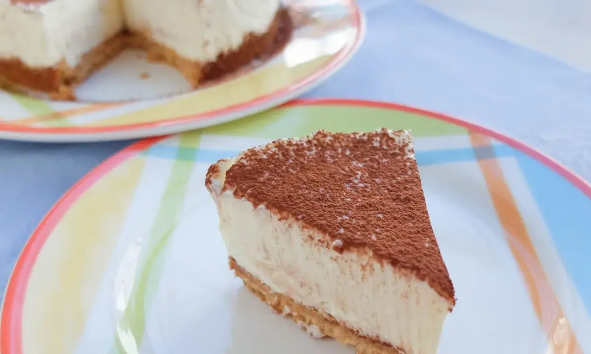 Delicioso cheesecake con cacao espolvoreado, listo para disfrutar. Una receta perfecta para cualquier ocasión.