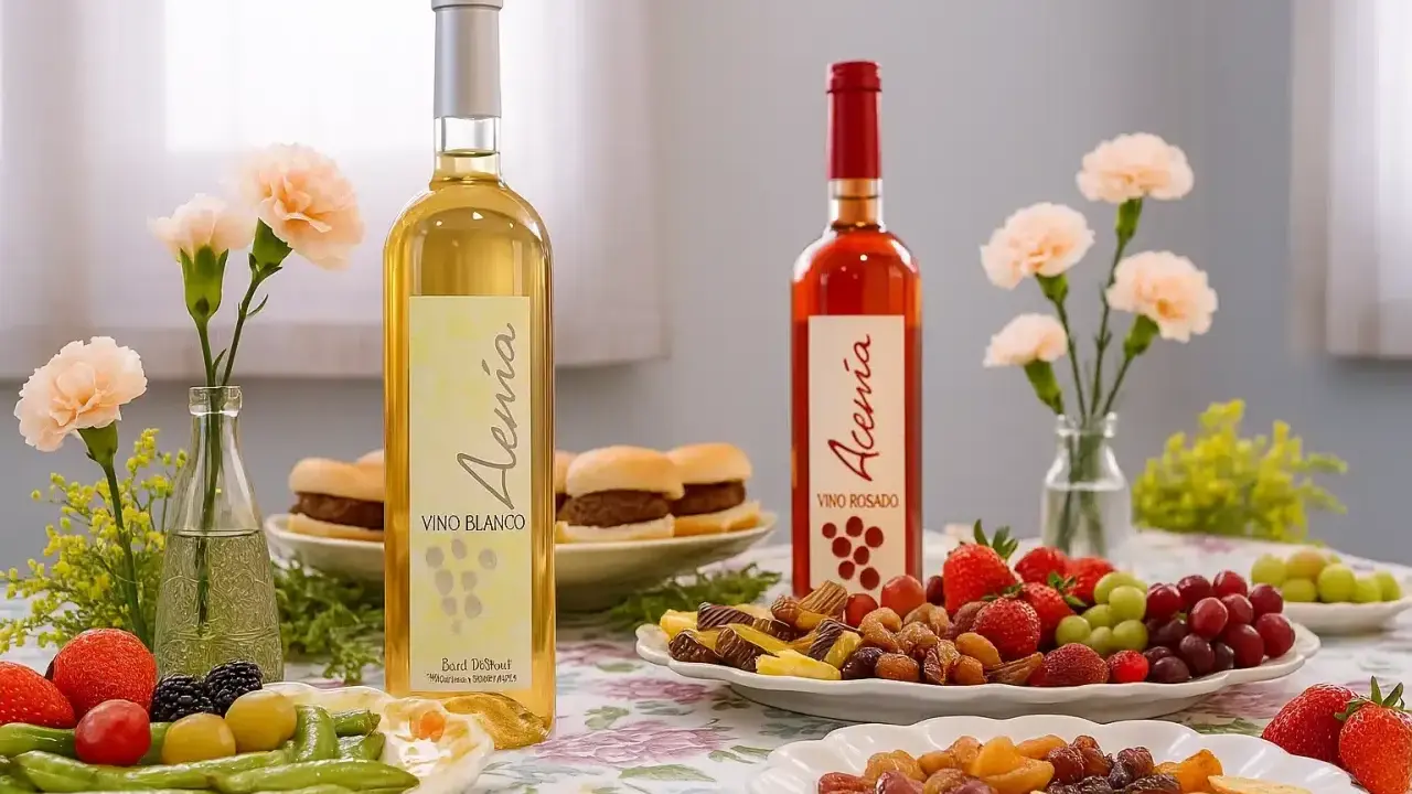 Dos botellas de vino, blanco y rosado, acompañadas de frutas, frutos secos y pequeños bocadillos. Un festín de tinta del país.