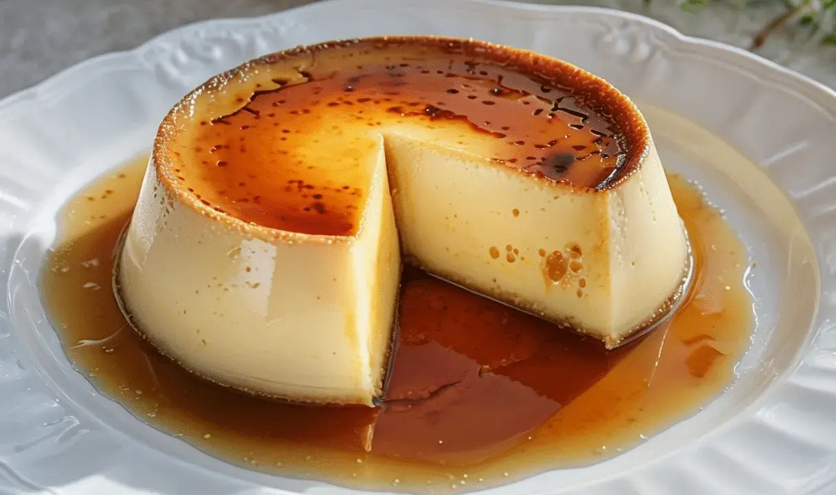 Delicioso flan casero con caramelo líquido. ¿Sabes cuánto dura un flan casero en la nevera? ¡Disfrútalo fresco!
