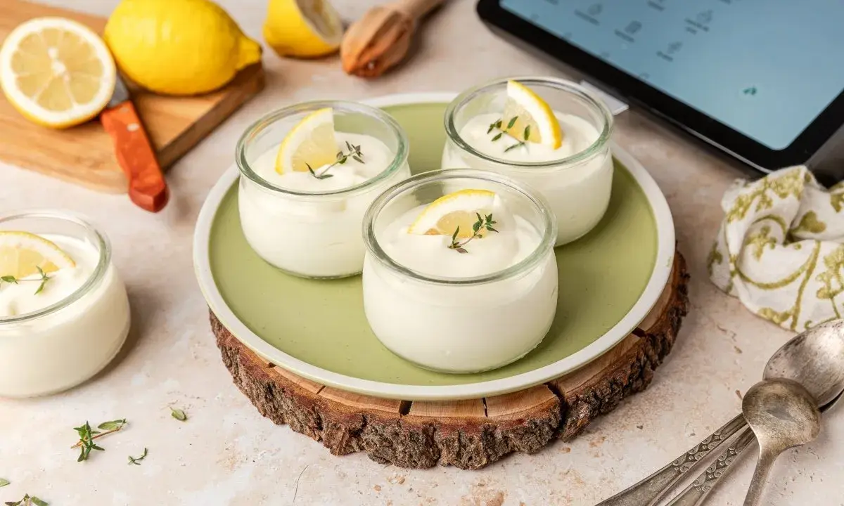 Delicioso mousse de limón Thermomix en vasitos, decorado con rodajas de limón y tomillo. Frescura y sabor en cada cucharada.