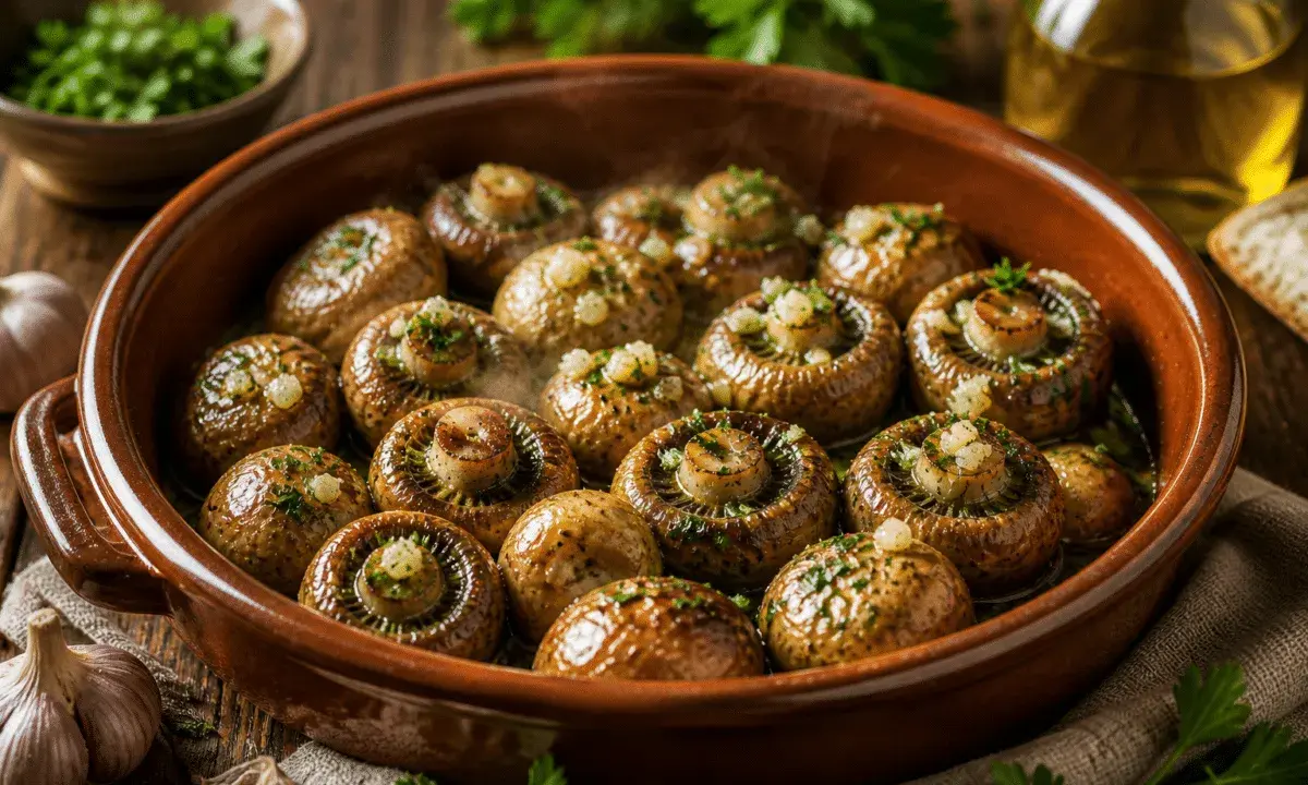Champiñones al horno, listos para servir. El tiempo y temperatura perfectos para esta delicia.