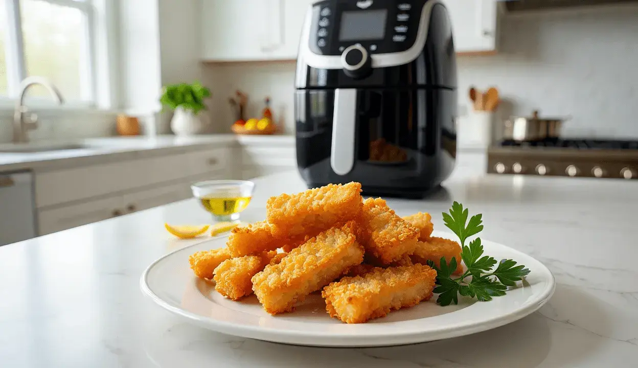 Palitos crujientes de bacalao airfryer en un plato blanco, junto a un bol con aceite y limón.