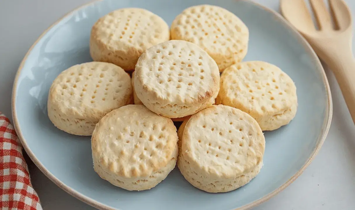Un plato azul con galletas de maíz horneadas, cada una con pequeños agujeros en la parte superior. Un paño a cuadros rojos y blancos y un utensilio de madera están cerca.