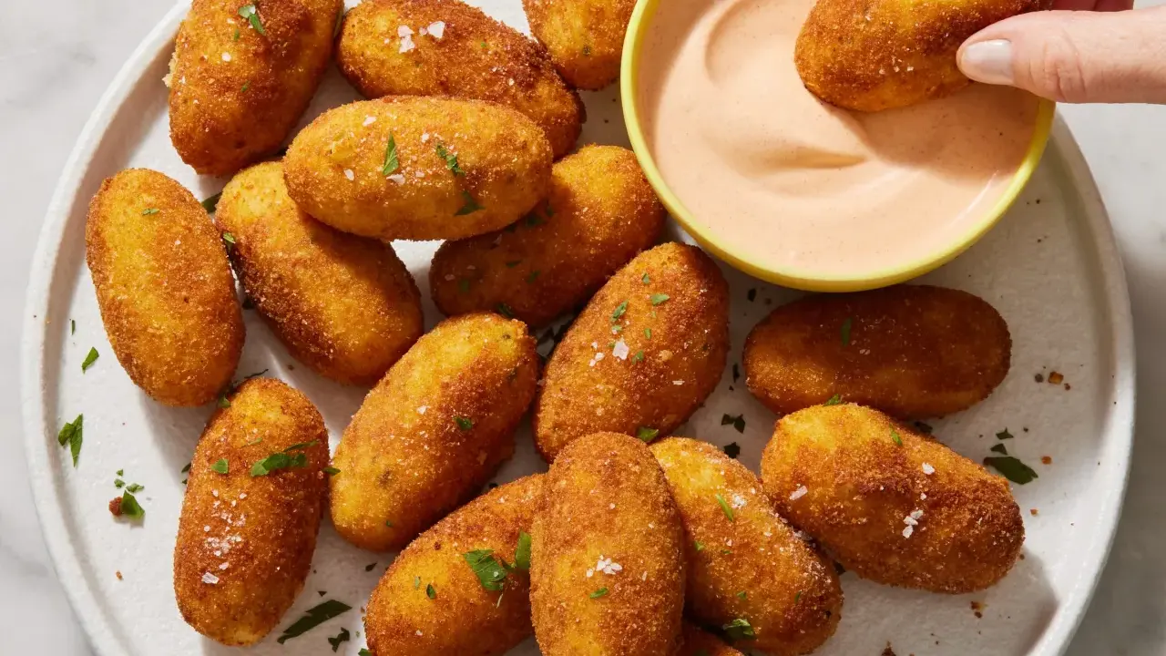 Croquetas de patata doradas y crujientes, espolvoreadas con perejil y sal, listas para ser mojadas en una cremosa salsa rosa.