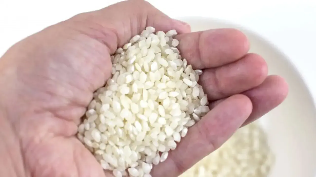 Mano sosteniendo arroz, una medida aproximada de cuanto arroz por persona para una comida deliciosa.