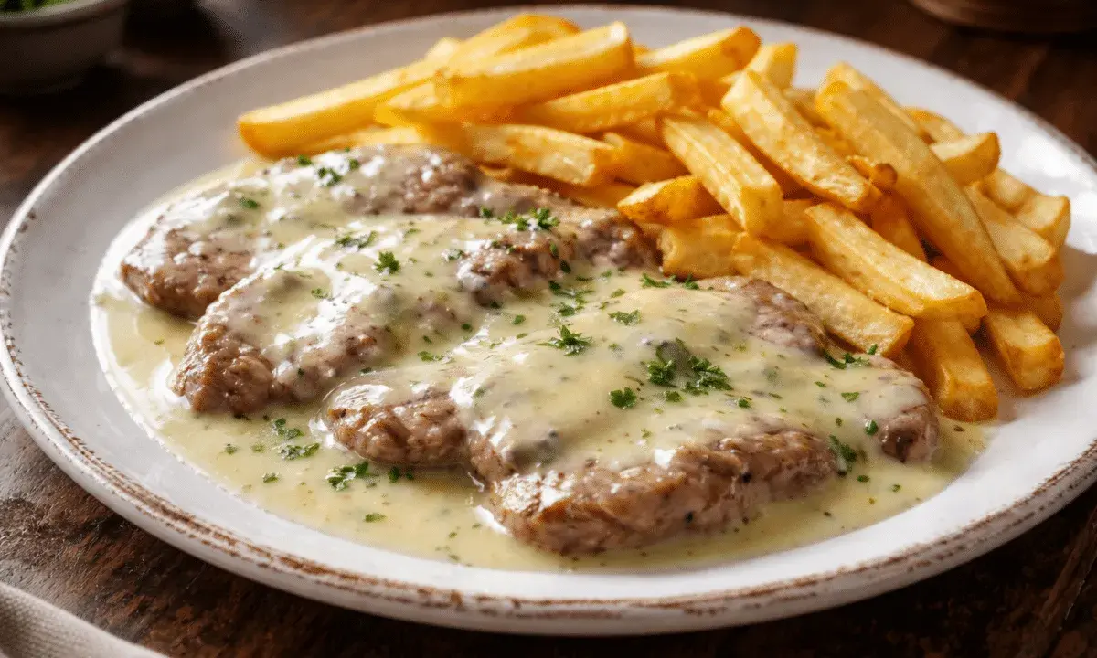 Escalopines de ternera con salsa cremosa y patatas fritas doradas, un plato clásico y delicioso.