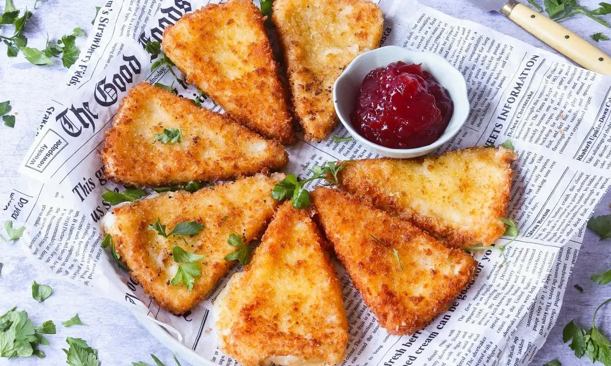 Queso frito crujiente servido con mermelada de frutos rojos.