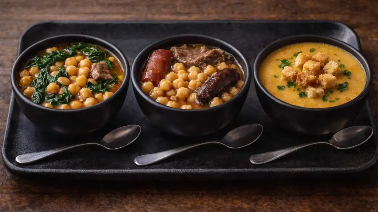 Tres cuencos de cocido de garbanzos: uno con espinacas, otro con chorizo y carne, y uno de crema con picatostes.