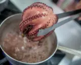 Un pulpo cocido, rosado y con sus tentáculos llenos de ventosas, es retirado de una olla burbujeante con unas pinzas.