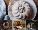 Collage de divertidos monas de pascua originales: bizcochos decorados con huevos de chocolate, frutas y glaseado.
