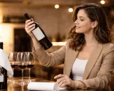 Mujer sonriente examina una botella de vino, preguntándose de donde es el vino. Copas de vino tinto y otra botella en la mesa.