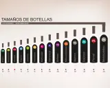Comparativa de tamaño de botella de vino, desde 0,187L hasta 40L. Cada medida de botella tiene un nombre y un número de botellas estándar que representa.
