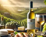 Vino Godello, de Galicia, acompañado de quesos, uvas y mariscos, con viñedos al fondo.