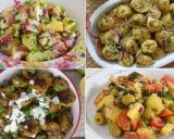 Cuatro ensaladas de patata: con pulpo, con cebolla morada y mostaza, asada con aliño cremoso, y con aceitunas y tomate.