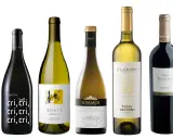 Cinco botellas de vino, incluyendo un vino barbastro, con etiquetas variadas.