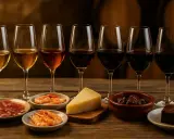 Degustación de un jerez con tapas: jamón, gambas, queso, aceitunas y brownie.