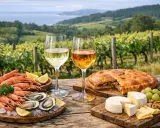 Dos copas de vino blanco, una con un tono más dorado, acompañan mariscos, empanada y quesos en un viñedo. ¿El albariño es dulce o seco?