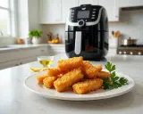 Palitos crujientes de bacalao airfryer en un plato blanco, junto a un bol con aceite y limón.