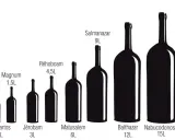 Ilustración muestra cuánto mide una botella de vino, desde Benjamín (0,18L) hasta Salomón (18L), con tamaños intermedios como Magnum (1,5L) y Réhoboam (4,5L).