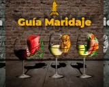 Guía de maridaje: un trozo de carne roja con hierbas, papas fritas y salmón con ensalada, acompañados de copas de vino, incluyendo un tempranillo vino.