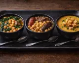 Tres cuencos de cocido de garbanzos: uno con espinacas, otro con chorizo y carne, y uno de crema con picatostes.
