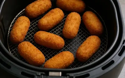 Croquetas doradas y crujientes listas en la freidora de aire.