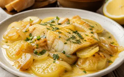 Merluza al horno con patatas, cebolla y perejil, servida en un plato blanco con una rodaja de limón al fondo.