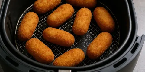 Croquetas doradas y crujientes listas en la freidora de aire.