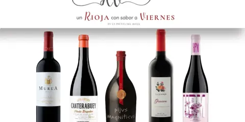 Cinco botellas de vino tinto, incluyendo Murua, Canterabuey y Graciano, que representan los mejores vinos de la Rioja Alavesa.
