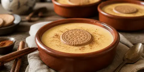 Natillas caseras, receta de la abuela. Cremosas natillas con galleta y canela, un postre tradicional.