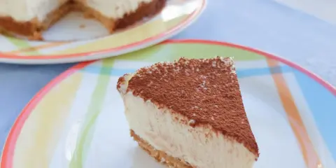 Delicioso cheesecake con cacao espolvoreado, listo para disfrutar. Una receta perfecta para cualquier ocasión.
