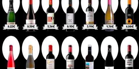 Variedad de vinos famosos en oferta, desde espumosos hasta tintos y rosados, con precios que van desde 2,69€ hasta 9,76€.