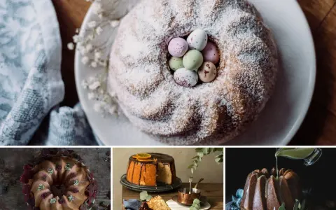 Collage de divertidos monas de pascua originales: bizcochos decorados con huevos de chocolate, frutas y glaseado.