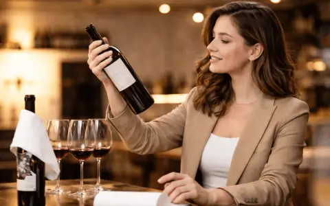 Mujer sonriente examina una botella de vino, preguntándose de donde es el vino. Copas de vino tinto y otra botella en la mesa.