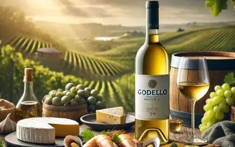 Vino Godello, de Galicia, acompañado de quesos, uvas y mariscos, con viñedos al fondo.