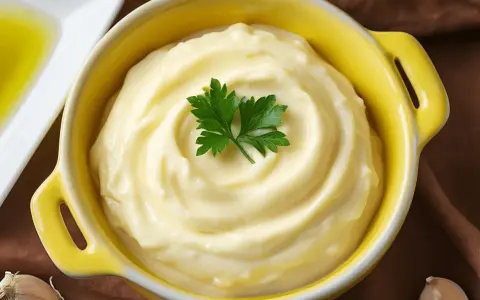 Alioli casero en un cuenco amarillo, decorado con perejil. ¿Cuánto dura el alioli casero en la nevera?