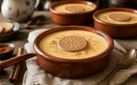 Natillas caseras, receta de la abuela. Cremosas natillas con galleta y canela, un postre tradicional.